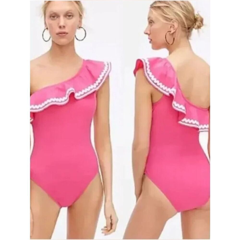 J.Crew Hot Pink White One Shoulder Ruffle One-Piece Swimsuit Sz 14 Chic Coastal